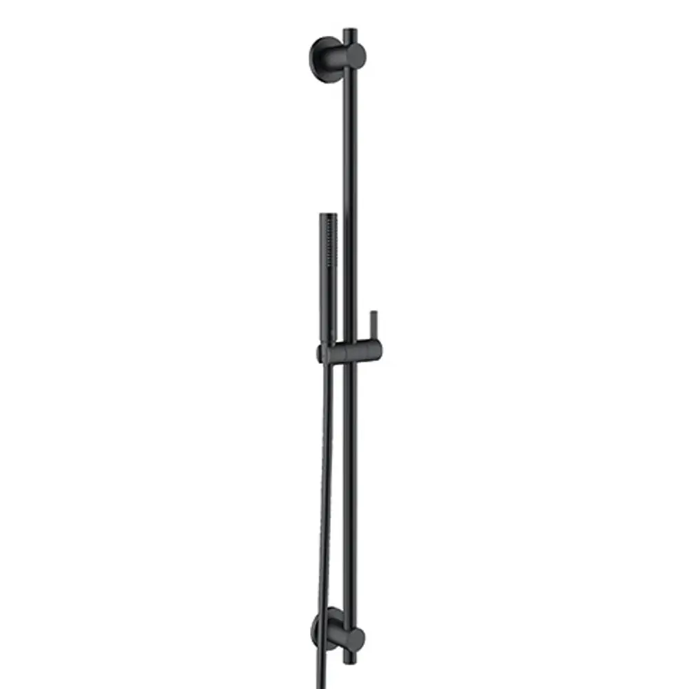 Schwarzes Brause-Set von Kludi mit Halterung, Schlange und Handbrause, montiert an einer Wand. Es zeigt eine minimalistische Bauart ohne zusätzliche Verzierungen.